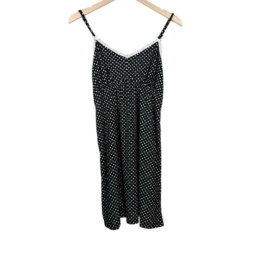 René Rofé Black White Polka Dot Slip Dress Lace Trim Adjustable Straps‎ Midi